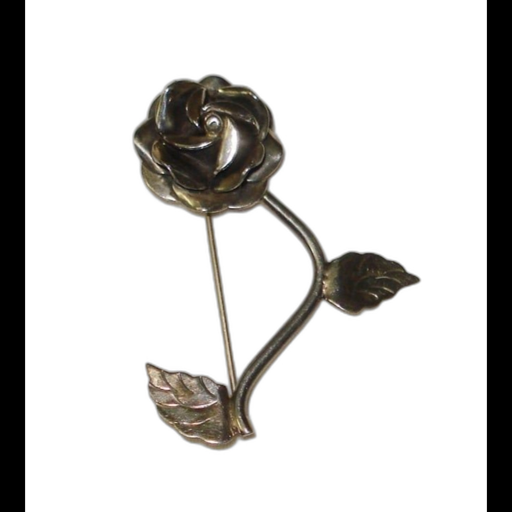 VTG Women Brooch Pin Rose Flower & Leafs 925 Sterling Silver 2.25 x 1.75” Mexico